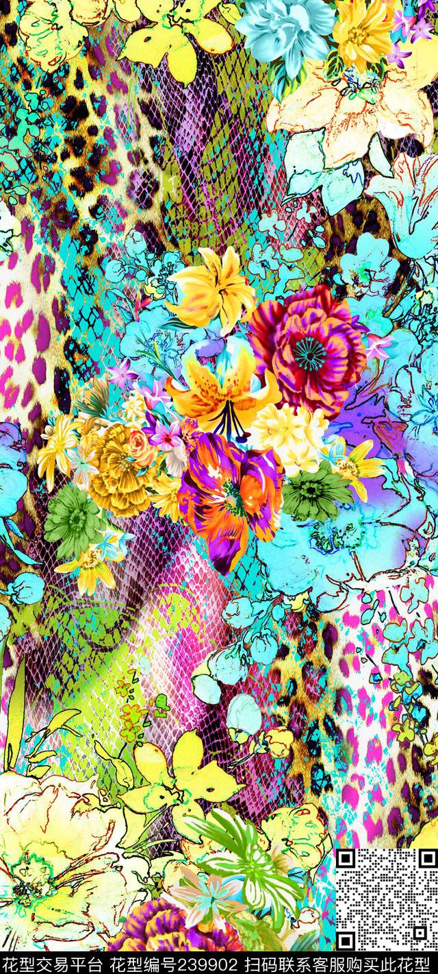 蛇纹豹纹花卉小花大花拼贴艳丽蓝色玫红数码印花华亿平台下载（图片编号: 239902） - 瓦栏（Walan）