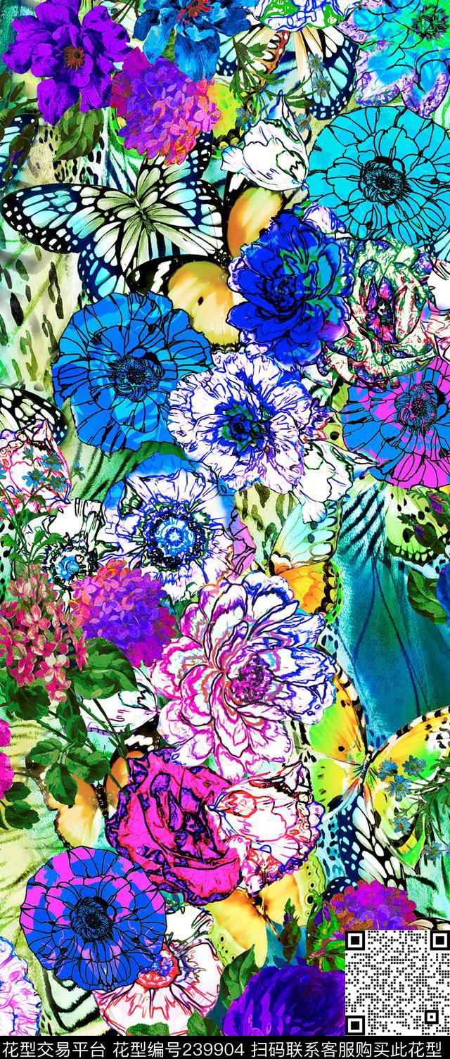 数码线条乱花花卉花朵艳丽七彩亮丽绚丽数码印花华亿平台下载（图片编号: 239904） - 瓦栏（Walan）