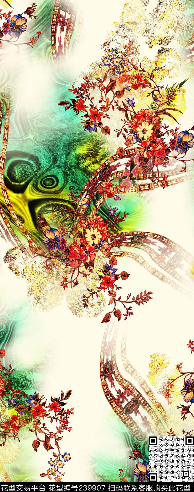 漩涡散花花卉花朵服装数码印花华亿平台下载（图片编号: 239907） - 瓦栏（Walan）