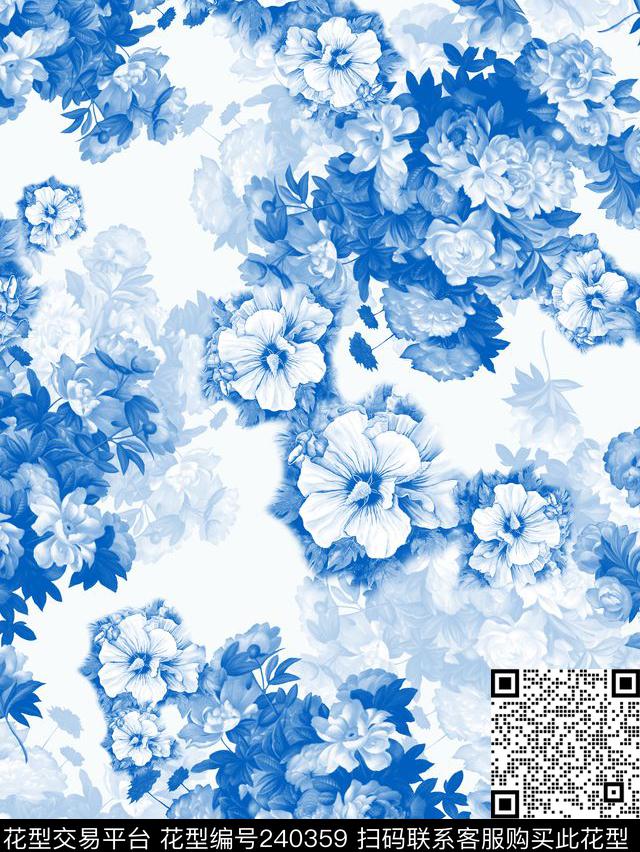 青花瓷花卉花朵数码印花华亿平台下载（图片编号: 240359） - 瓦栏（Walan）
