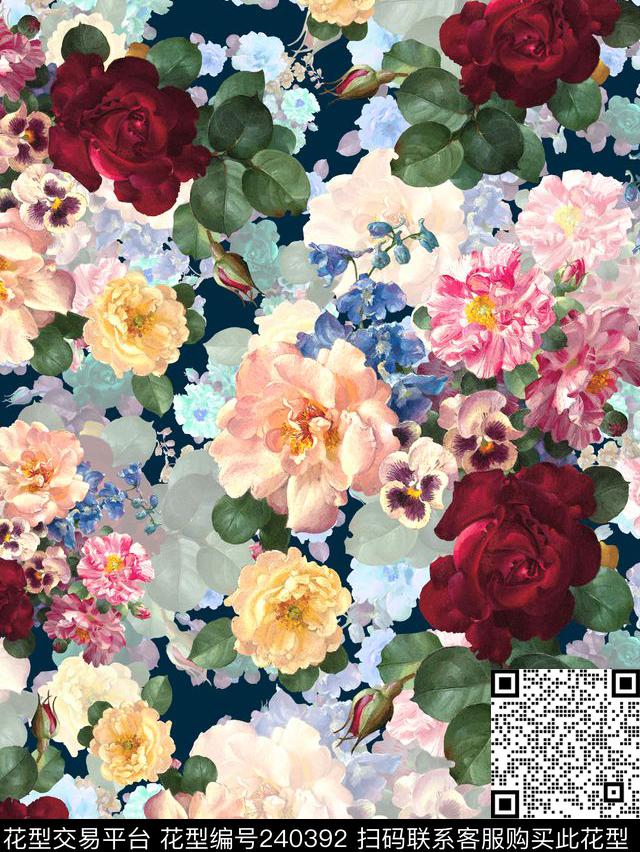 花卉花朵手绘粉色酱红花卉数码印花华亿平台下载（图片编号: 240392） - 瓦栏（Walan）