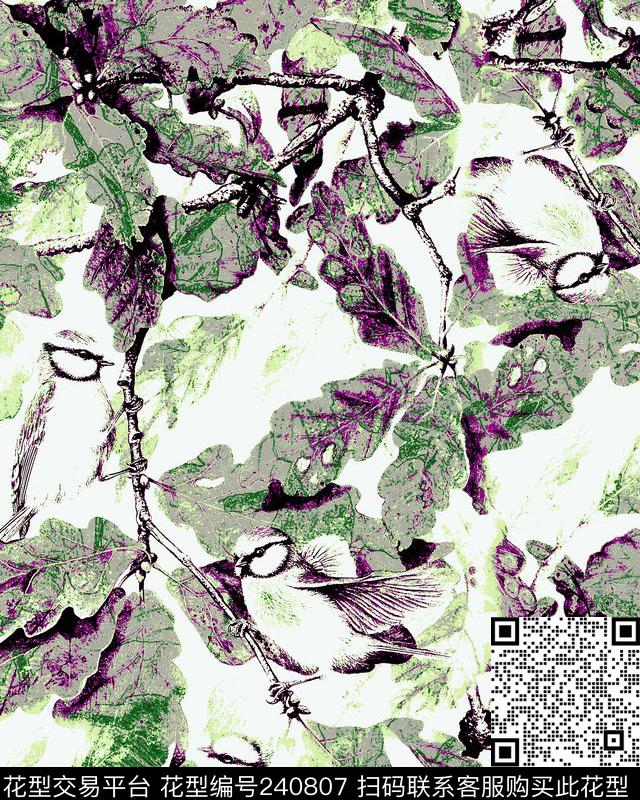 花鸟水彩抽象灰色紫色树叶休闲抽象数码印花华亿平台下载（图片编号: 240807） - 瓦栏（Walan）