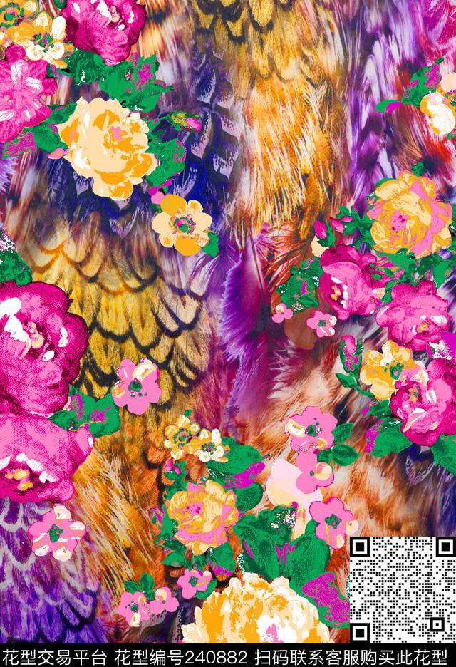 动物纹羽毛花朵花卉紫色玫红色数码印花华亿平台下载（图片编号: 240882） - 瓦栏（Walan）