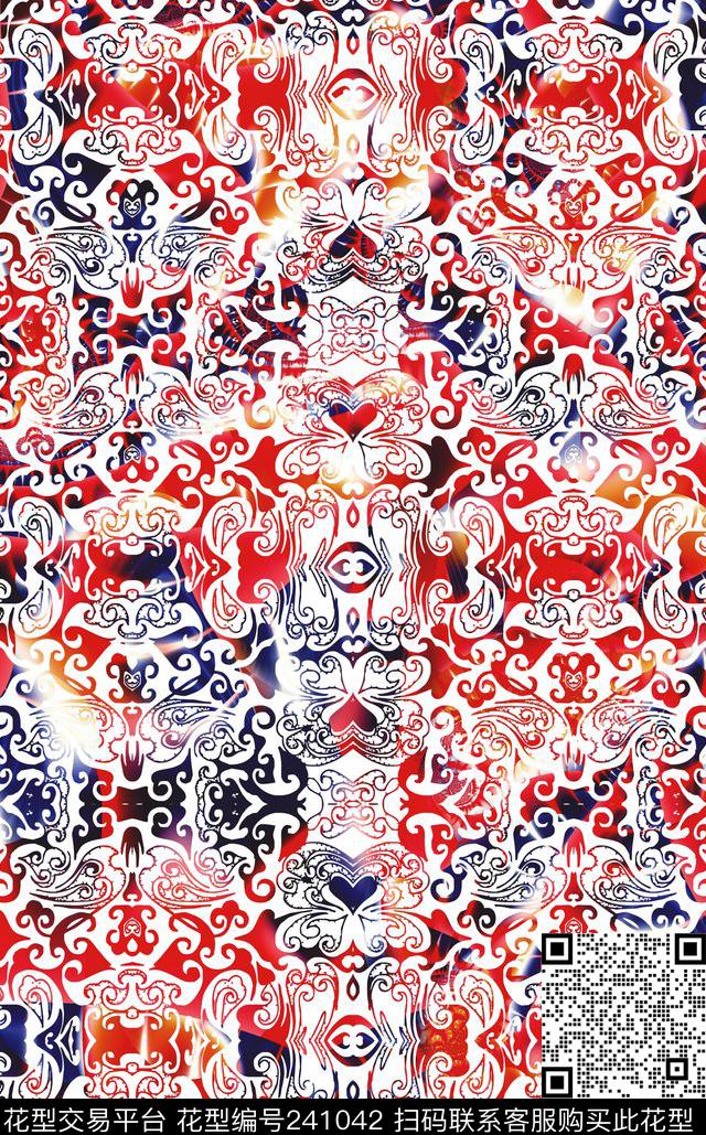 中国风红蓝吉祥纹样数码印花华亿平台下载（图片编号: 241042） - 瓦栏（Walan）