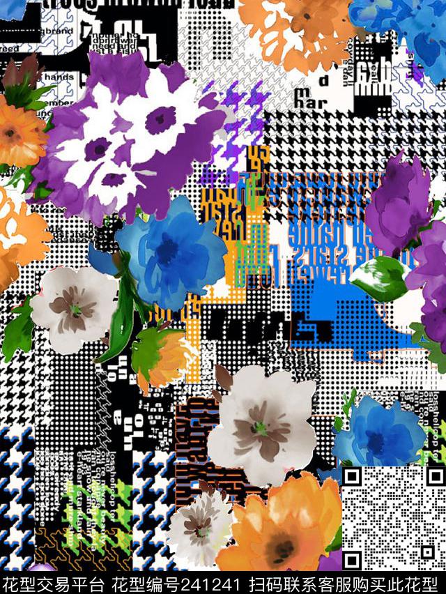 数码格子大花花卉数码印花华亿平台下载（图片编号: 241241） - 瓦栏（Walan）