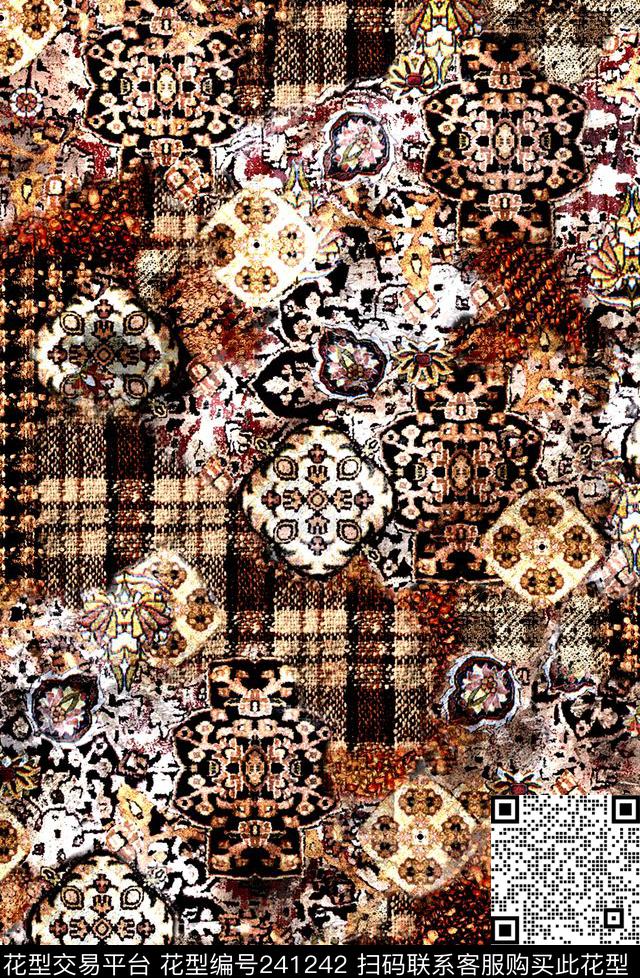 格子纽扣数码民族棕色数码印花华亿平台下载（图片编号: 241242） - 瓦栏（Walan）