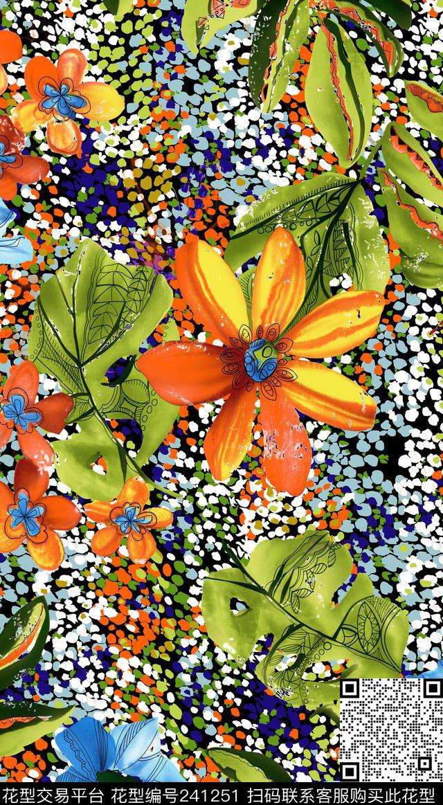 热带树叶叶子花卉花朵蓝色橙色数码印花华亿平台下载（图片编号: 241251） - 瓦栏（Walan）