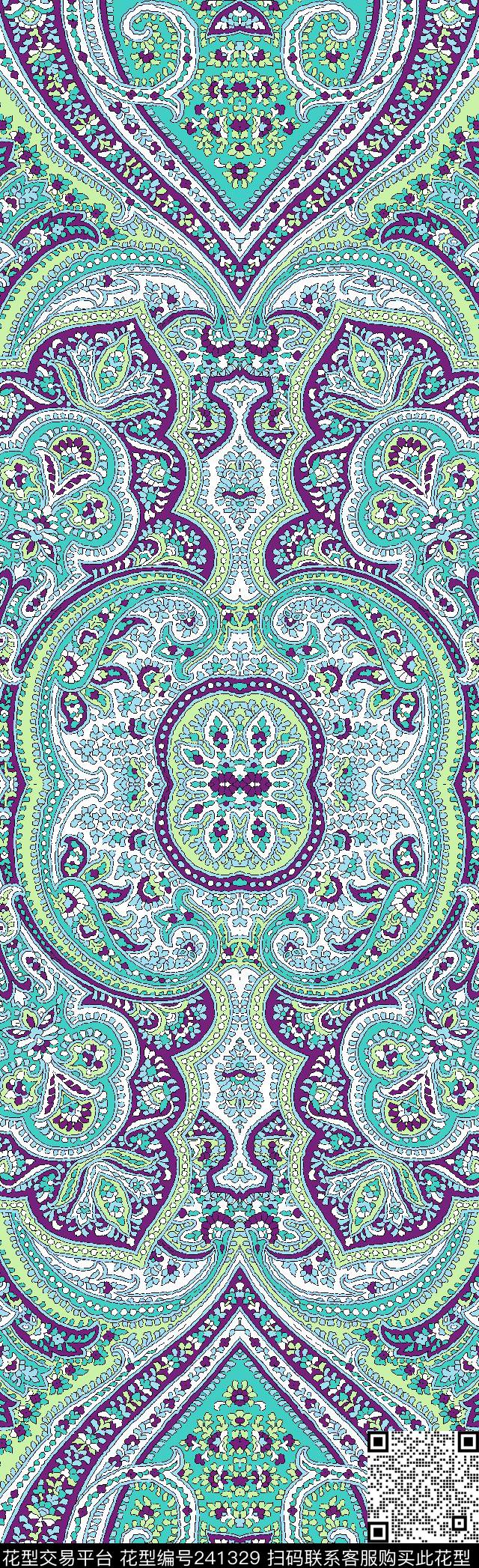 欧式佩斯利花纹涡旋纹腰果花传统长巾抽象民族传统印花华亿平台下载（图片编号: 241329） - 瓦栏（Walan）