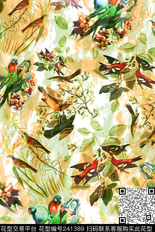 田园鹦鹉鸟树枝果实花鸟热带动物数码印花华亿平台下载（图片编号: 241389） - 瓦栏（Walan）