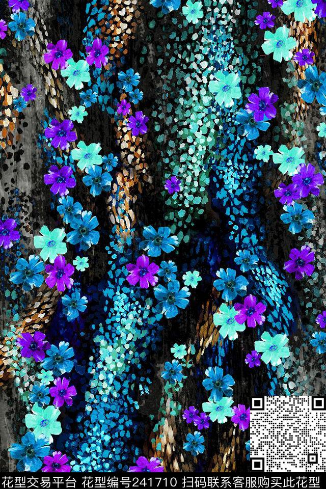 数码花朵抽象黑底散点数码印花华亿平台下载（图片编号: 241710） - 瓦栏（Walan）