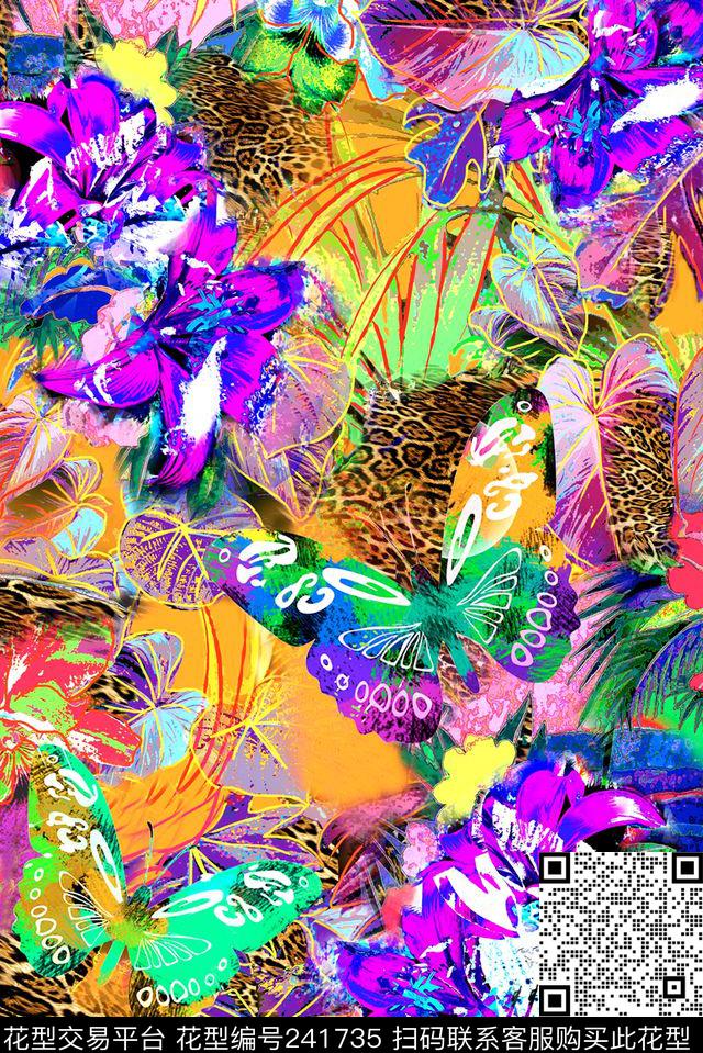 数码蝴蝶乱花豹纹拼贴数码印花华亿平台下载（图片编号: 241735） - 瓦栏（Walan）