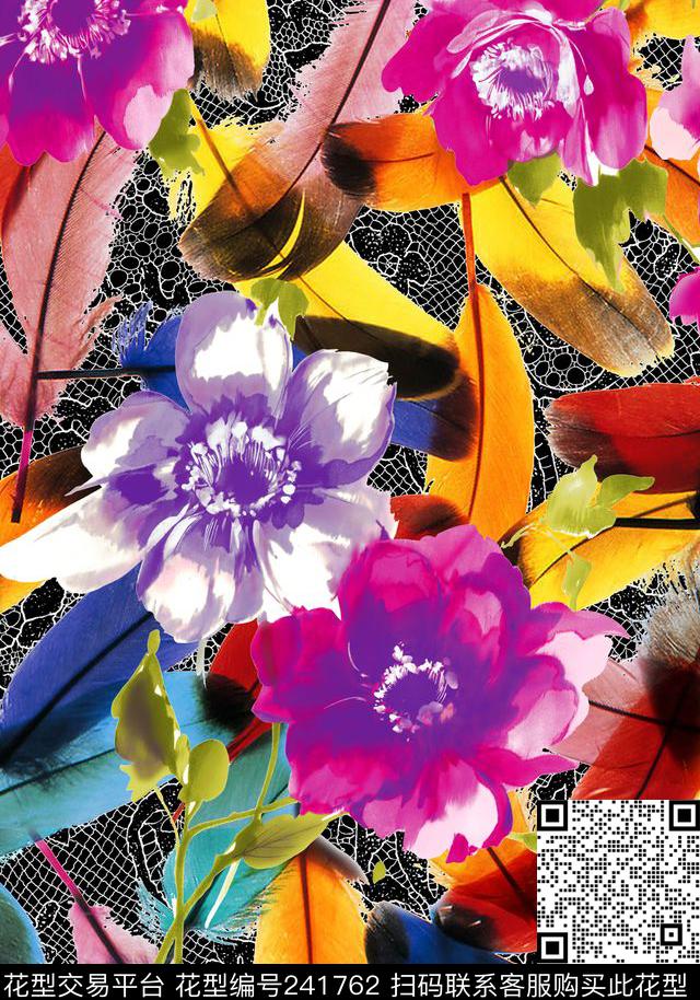 数码羽毛花卉花朵鲜艳七彩数码印花华亿平台下载（图片编号: 241762） - 瓦栏（Walan）