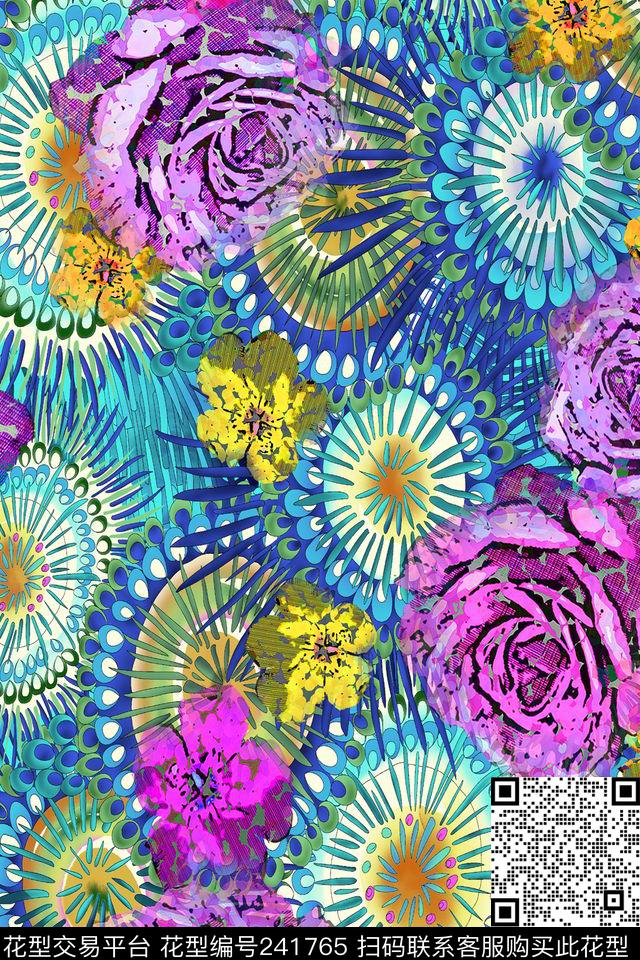 数码圆圈紫花花卉花朵几何数码印花华亿平台下载（图片编号: 241765） - 瓦栏（Walan）
