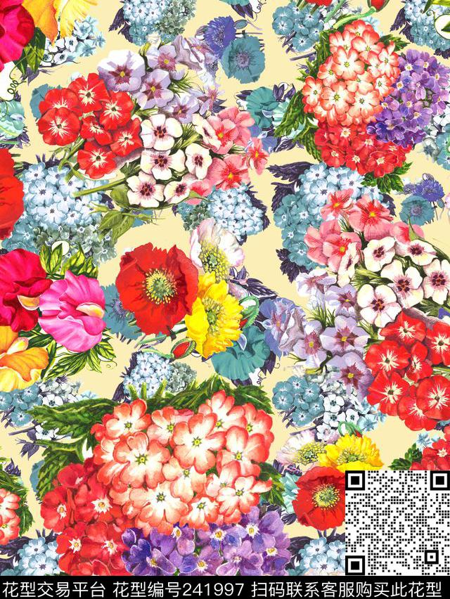 水彩花卉花朵小花鲜艳暖色红色服装花卉水彩数码印花华亿平台下载（图片编号: 241997） - 瓦栏（Walan）