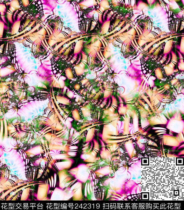 抽象光线炫光彩色线条蝴蝶休闲抽象数码印花华亿平台下载（图片编号: 242319） - 瓦栏（Walan）