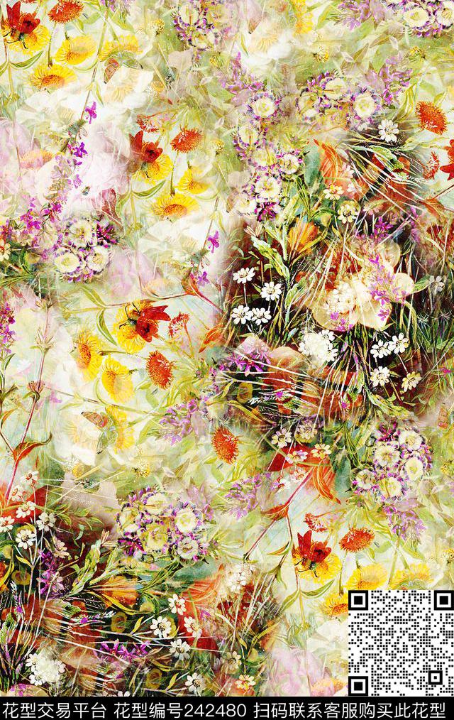 花丛化蝶野草唯美花卉鲜花花朵花卉抽象数码印花华亿平台下载（图片编号: 242480） - 瓦栏（Walan）