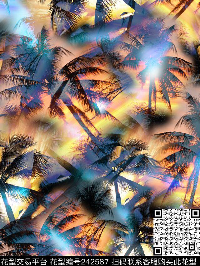 热带植物椰子树风景夕阳蓝天数码朦胧热带数码印花华亿平台下载（图片编号: 242587） - 瓦栏（Walan）