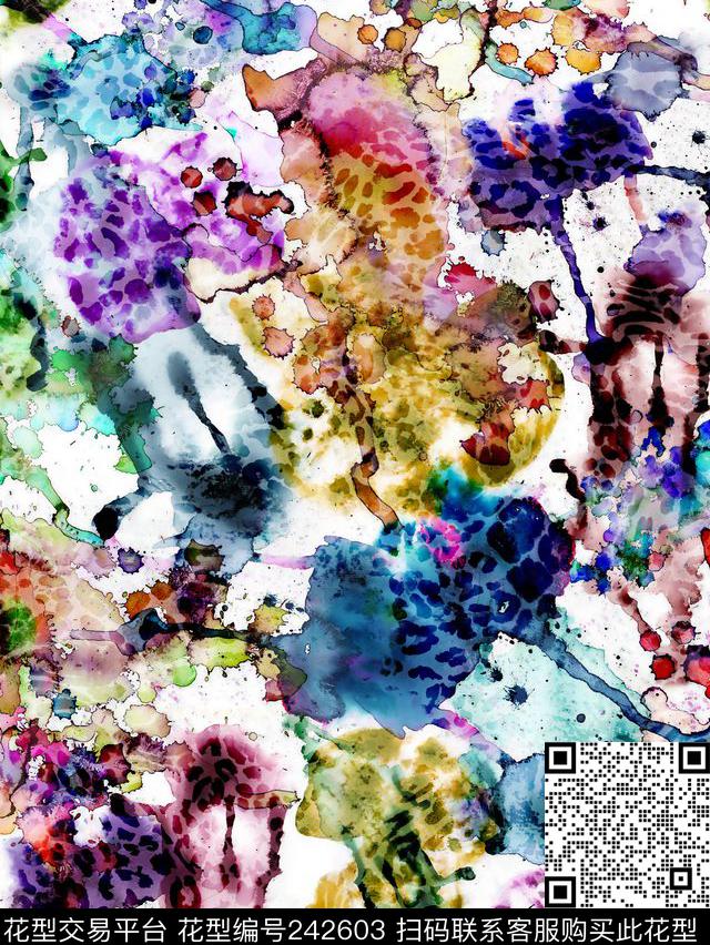 多彩豹纹拼贴晕染水彩水彩数码印花华亿平台下载（图片编号: 242603） - 瓦栏（Walan）