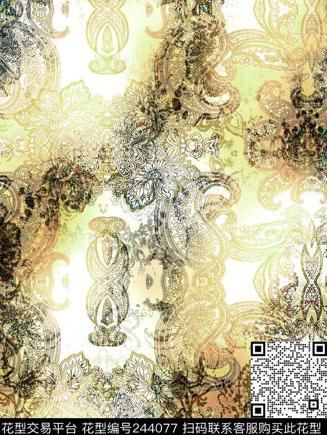 腰果花复古富贵民族风服装民族风数码印花华亿平台下载（图片编号: 244077） - 瓦栏（Walan）