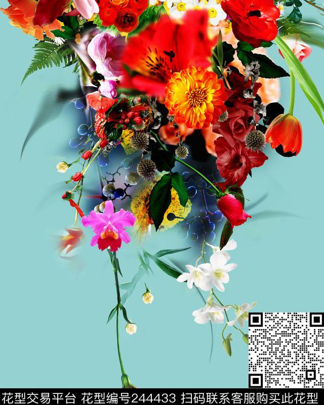 定位花蓝底花卉花朵绿叶鲜花数码印花华亿平台下载（图片编号: 244433） - 瓦栏（Walan）