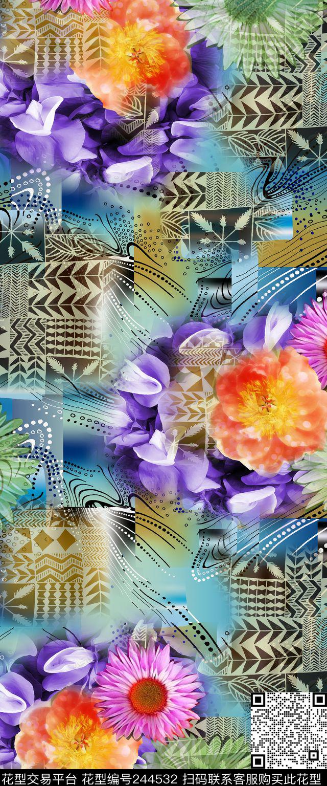 中国风冰艳向日葵绽放花卉花朵拼贴几何图案数码印花华亿平台下载（图片编号: 244532） - 瓦栏（Walan）