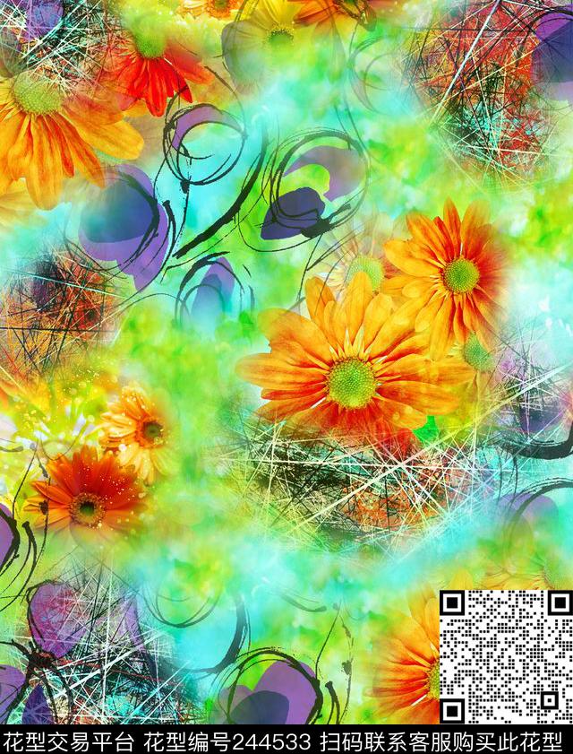 惊艳花卉长巾服装花卉花朵数码印花华亿平台下载（图片编号: 244533） - 瓦栏（Walan）