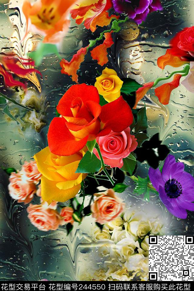 鲜花花卉花朵服装水珠玻璃有虚有实数码印花华亿平台下载（图片编号: 244550） - 瓦栏（Walan）