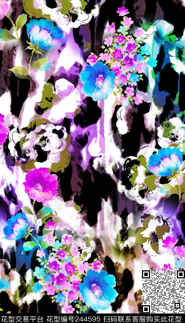 黑底花卉牵牛花奇幻花朵花卉数码印花华亿平台下载（图片编号: 244595） - 瓦栏（Walan）