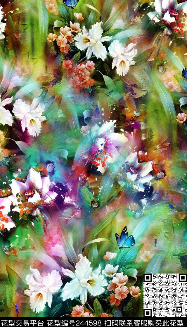满底蝴蝶动物花卉花朵鲜花树叶绿叶花卉数码印花华亿平台下载（图片编号: 244598） - 瓦栏（Walan）