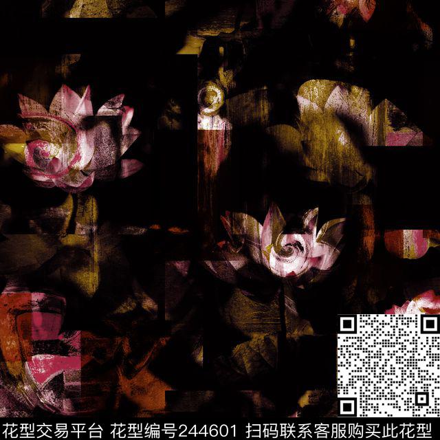 数码服装暗色花朵黑底爆款散花数码印花华亿平台下载（图片编号: 244601） - 瓦栏（Walan）