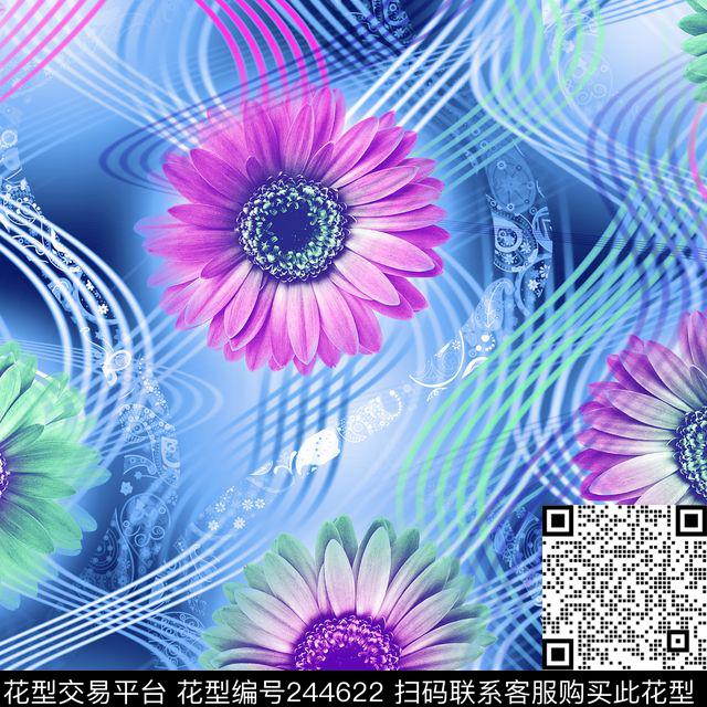 数码服装花朵菊花线条曲线爆款散花数码印花华亿平台下载（图片编号: 244622） - 瓦栏（Walan）