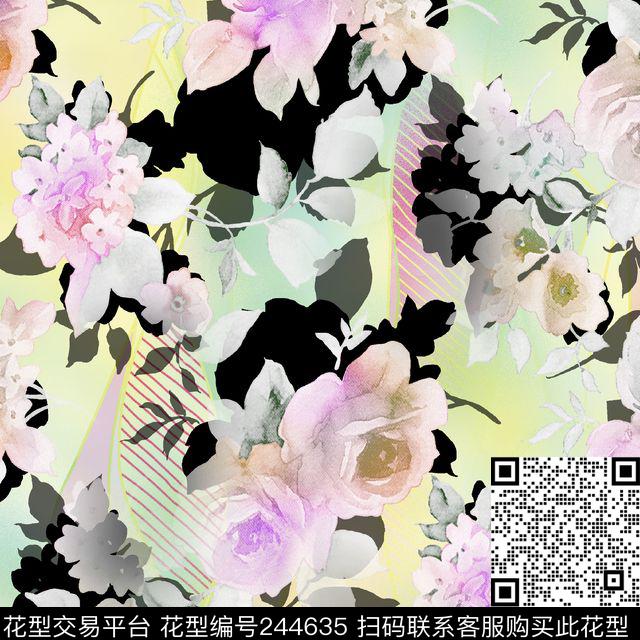 数码服装黑底朦胧花卉花朵爆款散花数码印花华亿平台下载（图片编号: 244635） - 瓦栏（Walan）
