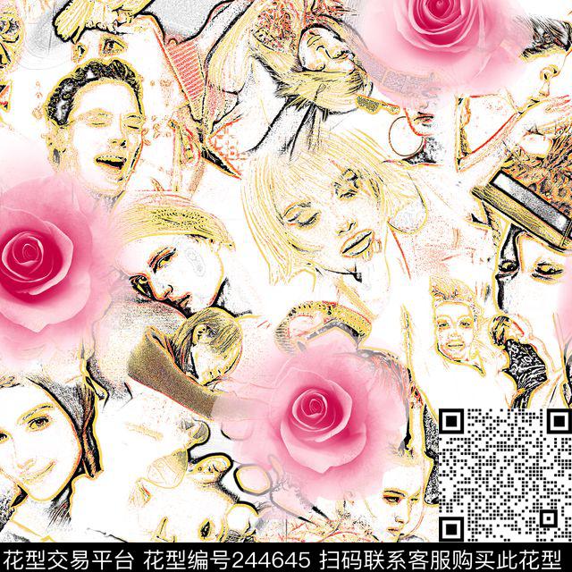 数码服装人物头像时尚粉色玫瑰西方欧洲鸟爆款散花数码印花华亿平台下载（图片编号: 244645） - 瓦栏（Walan）