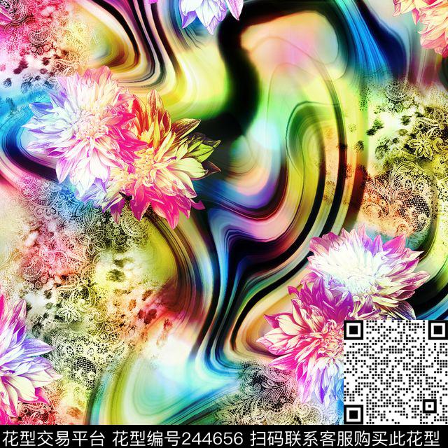 水波纹数码服装花朵花卉组合复合爆款散花数码印花华亿平台下载（图片编号: 244656） - 瓦栏（Walan）
