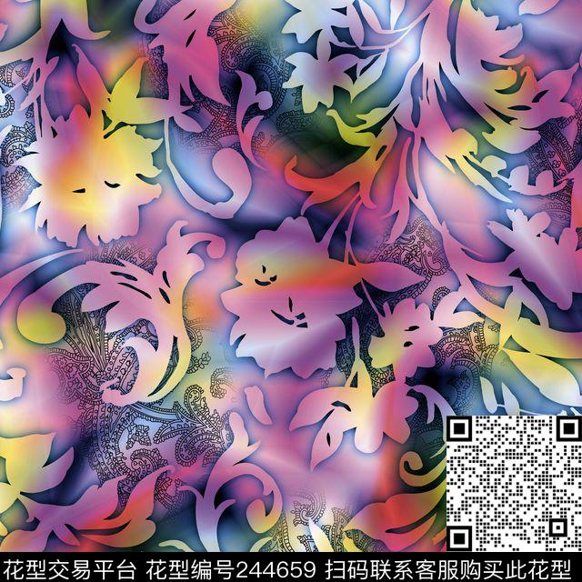 数码服装宫廷纹欧式梦幻花卉花朵感悟抽象数码印花华亿平台下载（图片编号: 244659） - 瓦栏（Walan）