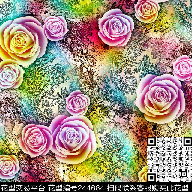 数码服装花卉玫瑰七彩粉色爆款散花数码印花华亿平台下载（图片编号: 244664） - 瓦栏（Walan）