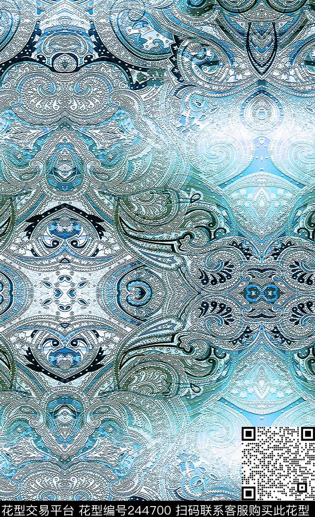 佩斯利腰果花民族部落风蓝色清新朦胧民族风数码印花华亿平台下载（图片编号: 244700） - 瓦栏（Walan）