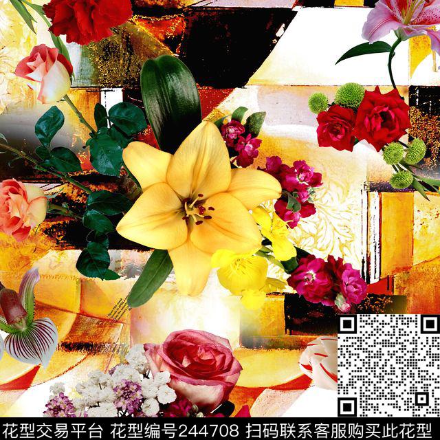 花卉水果拼贴组合鲜花热带数码印花华亿平台下载（图片编号: 244708） - 瓦栏（Walan）