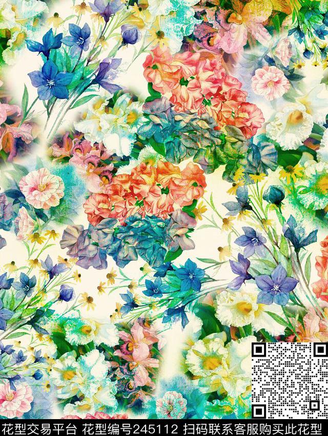 水彩花卉花朵粉色清新组合花卉水彩数码印花华亿平台下载（图片编号: 245112） - 瓦栏（Walan）