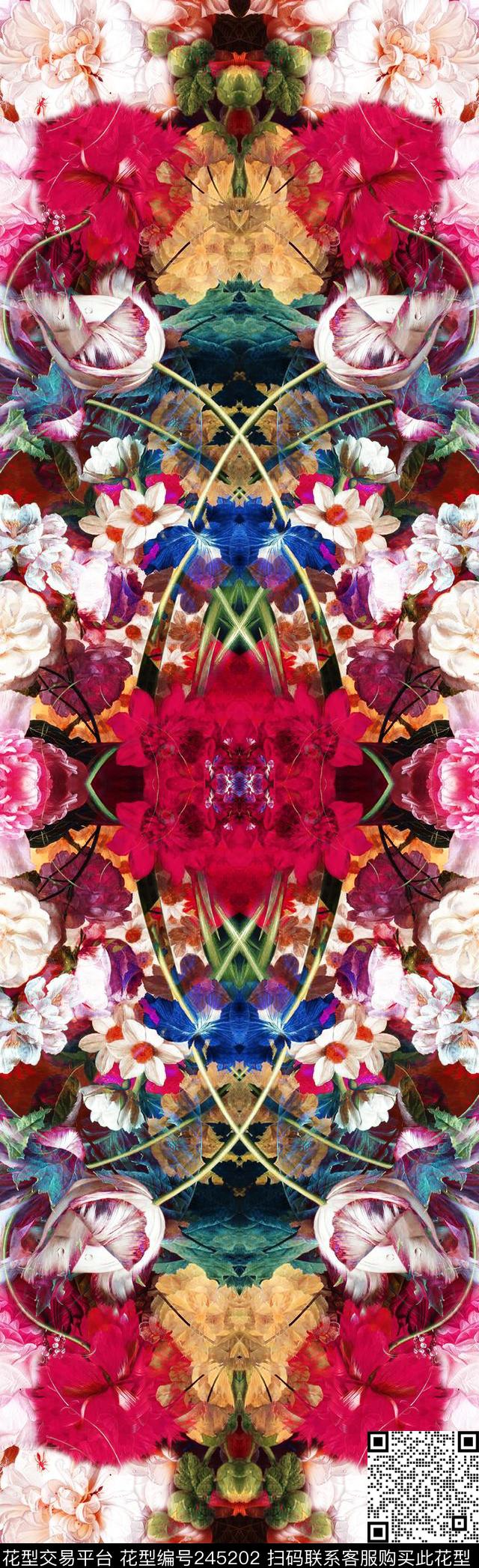 丰富花卉写实变幻绽放长巾粉色对称花卉休闲数码印花华亿平台下载（图片编号: 245202） - 瓦栏（Walan）
