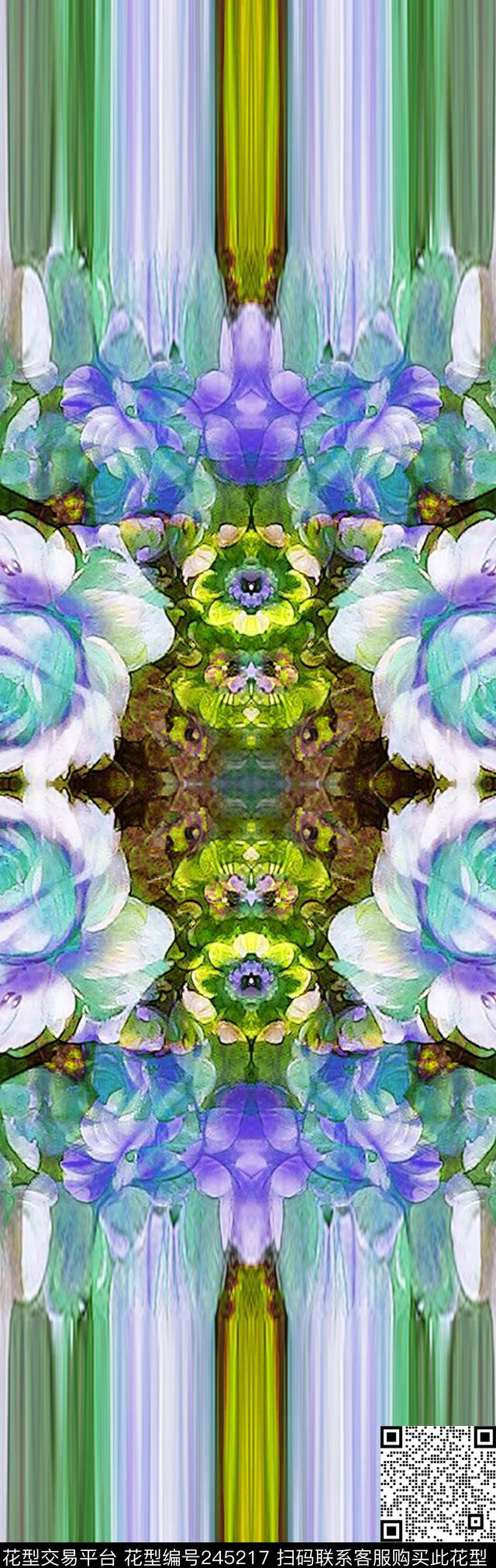 花卉拉丝绽放长巾印花对称条纹花卉对称数码印花华亿平台下载（图片编号: 245217） - 瓦栏（Walan）