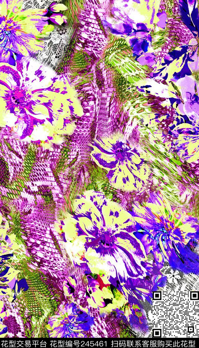 蛇纹蕾丝花卉花朵鲜花大花数码印花华亿平台下载（图片编号: 245461） - 瓦栏（Walan）