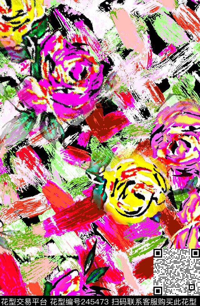 数码方块花朵花卉红色抽象数码印花华亿平台下载（图片编号: 245473） - 瓦栏（Walan）