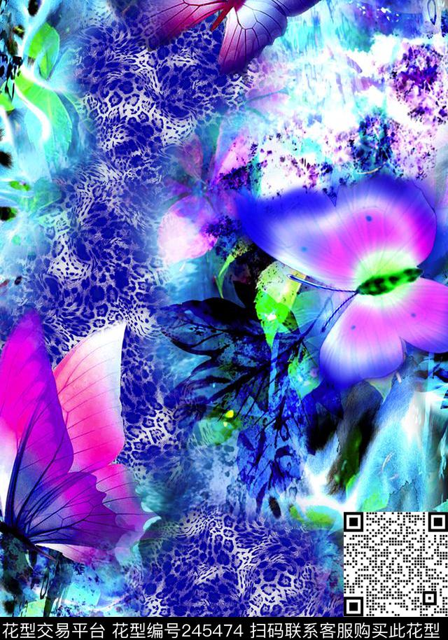 数码虎纹动物纹拼贴蝴蝶花绚丽数码印花华亿平台下载（图片编号: 245474） - 瓦栏（Walan）