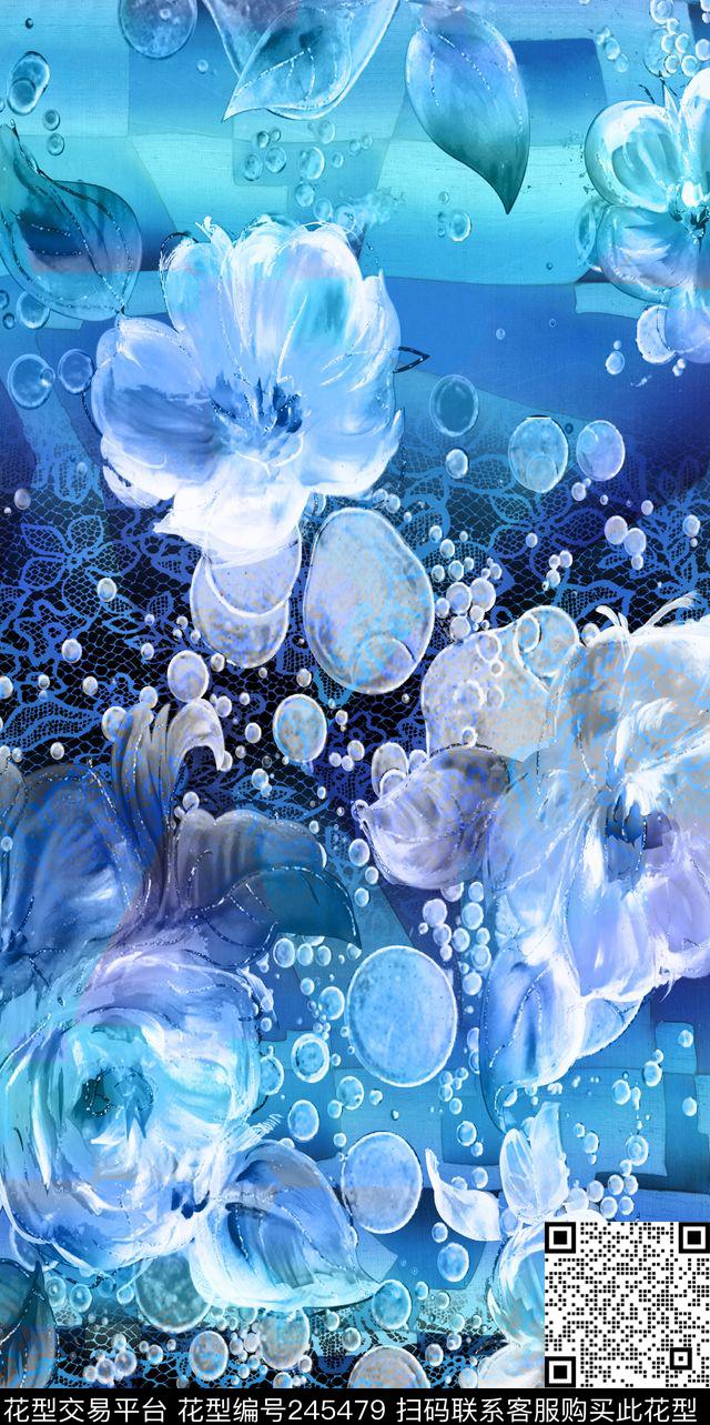 数码蓝底梦幻大花水泡蕾丝数码印花华亿平台下载（图片编号: 245479） - 瓦栏（Walan）