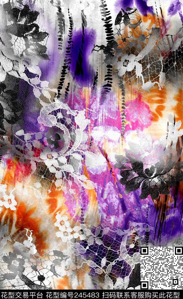 数码蕾丝大花朵花卉鲜花紫色橙色数码印花华亿平台下载（图片编号: 245483） - 瓦栏（Walan）