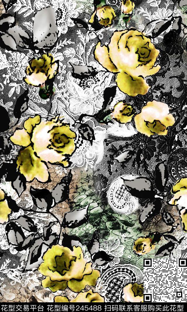 数码蕾丝性感烂花花卉花朵数码印花华亿平台下载（图片编号: 245488） - 瓦栏（Walan）