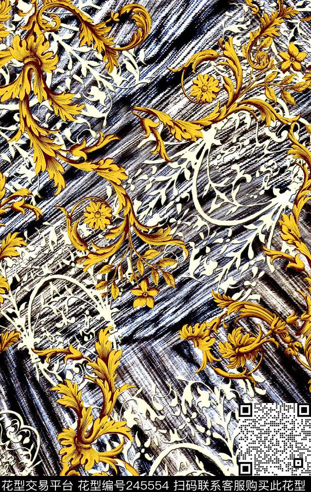 数码条纹树叶欧式欧洲卷草数码印花华亿平台下载（图片编号: 245554） - 瓦栏（Walan）