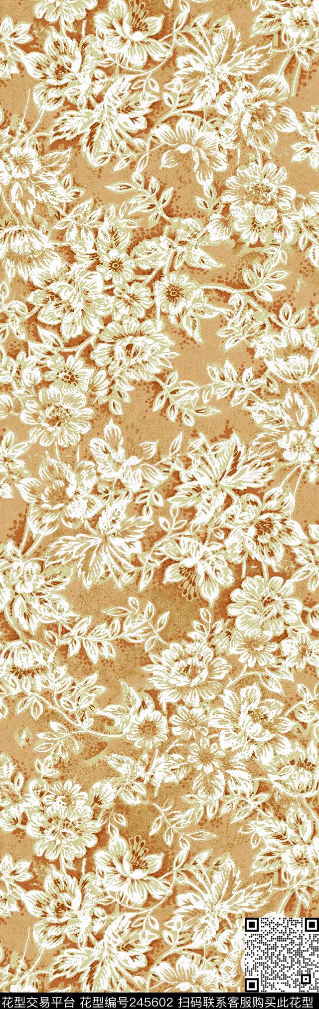 中国风抽象花卉长巾土黄色花卉休闲传统印花华亿平台下载（图片编号: 245602） - 瓦栏（Walan）