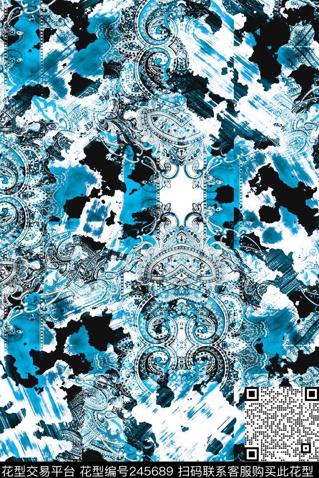佩斯利腰果花民族部落风蓝色黑色白色民族风数码印花华亿平台下载（图片编号: 245689） - 瓦栏（Walan）